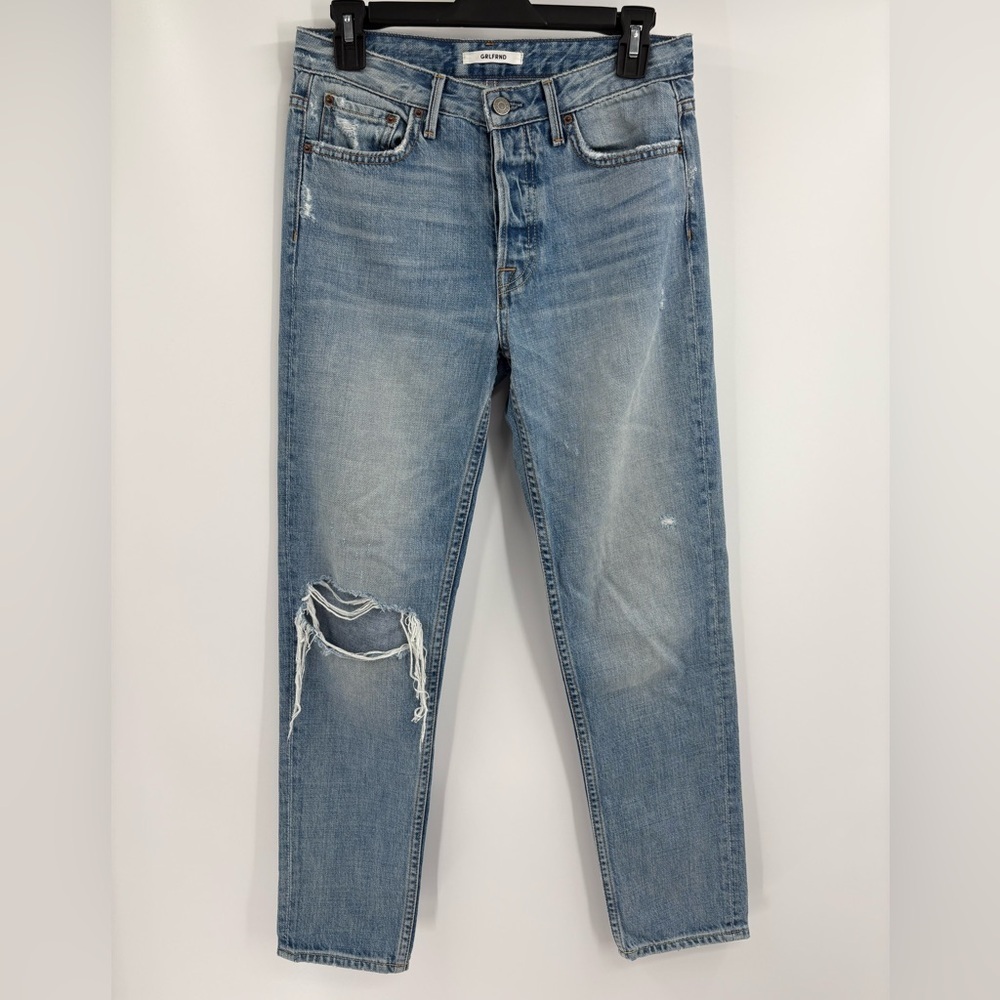 GRLFRND Revolve Kiara Tripped Up Ankle distress knee Cut blue Jeans size 28